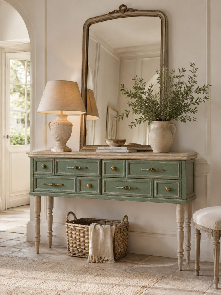 Vintage green console table with ivory legs and brass handles in an elegant bright hallway, styled beneath a large antique mirror with a table lamp, books and a ceramic vase.