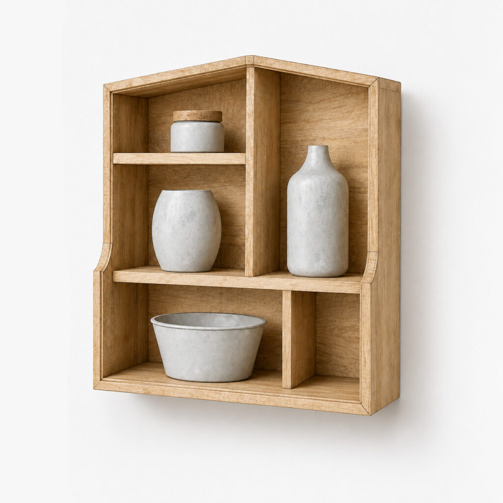 Product image of a compact mango wood wall shelf with several concrete decor vessels arranged in open compartments.