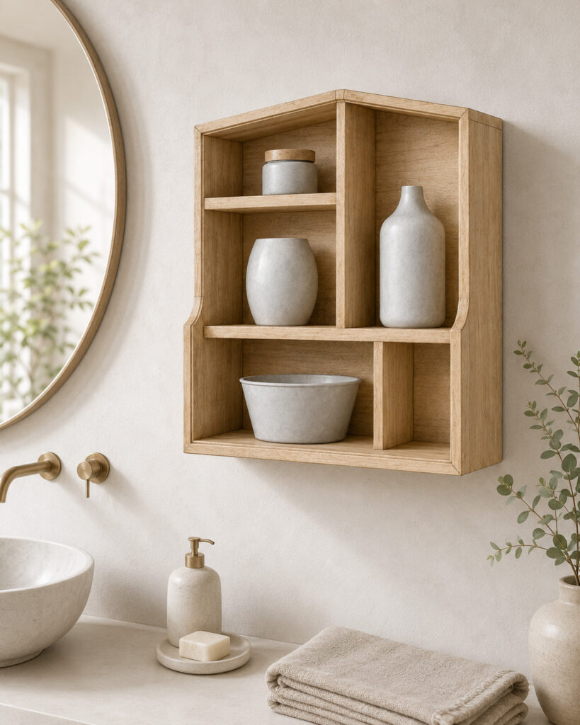 Mango wood wall shelf with concrete decor pieces mounted above a bathroom counter beside a round mirror and neutral accessories.