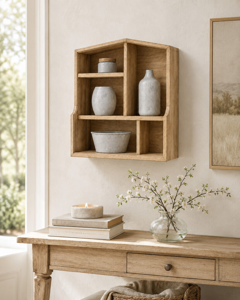Mango wood wall shelf with concrete vessels styled above a wooden console table in a bright natural interior with flowers and soft neutral tones.