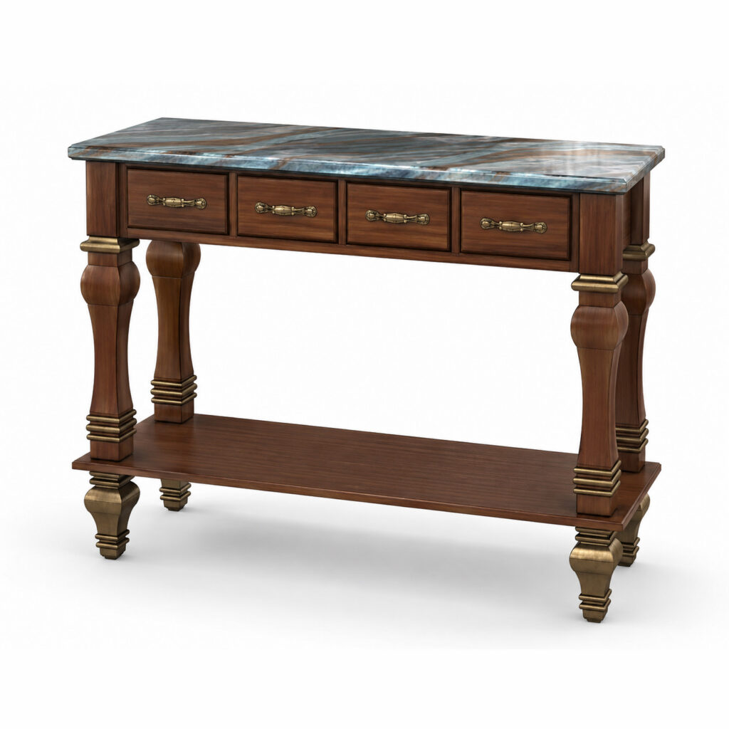 Front three-quarter view of an elegant console table with four drawers, a dark walnut-look wood finish, an onyx-look marble top, antique brass handles, and a lower shelf, isolated on a white background.