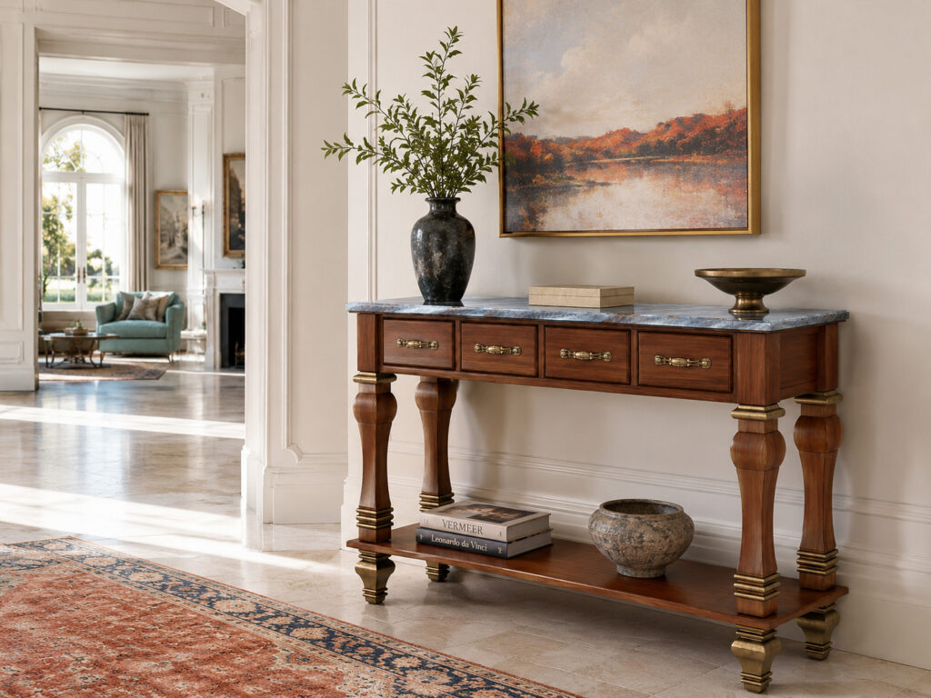 Elegant walnut-look classic console table with an onyx-look marble top and antique brass details, styled in a bright classic interior with wall paneling, artwork, decorative objects, and a long view into an adjoining room.