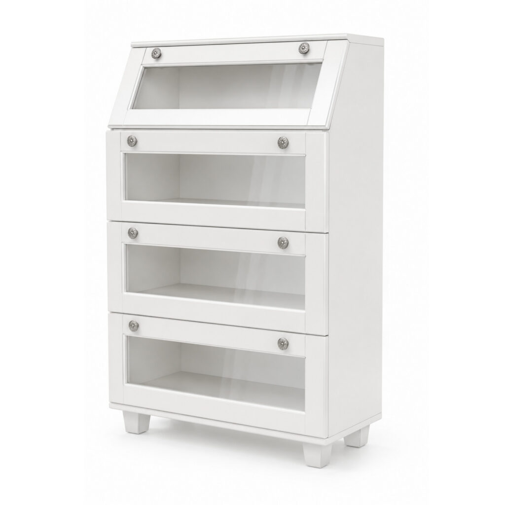 White barrister bookcase with four stacked glass-front lift-up compartments, a slanted upper section, softly rounded lacquered frames, ornamental stainless steel knobs and short feet, shown empty in a three-quarter view on a pure white background.