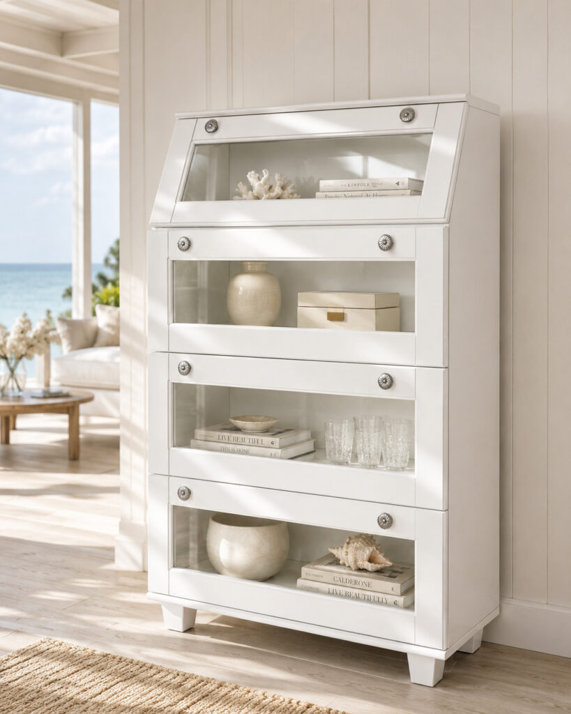 White barrister bookcase with four glass-front compartments, styled with books, ceramics and glassware in a bright coastal interior with white wall paneling, pale wood flooring, sunlight and an ocean view.