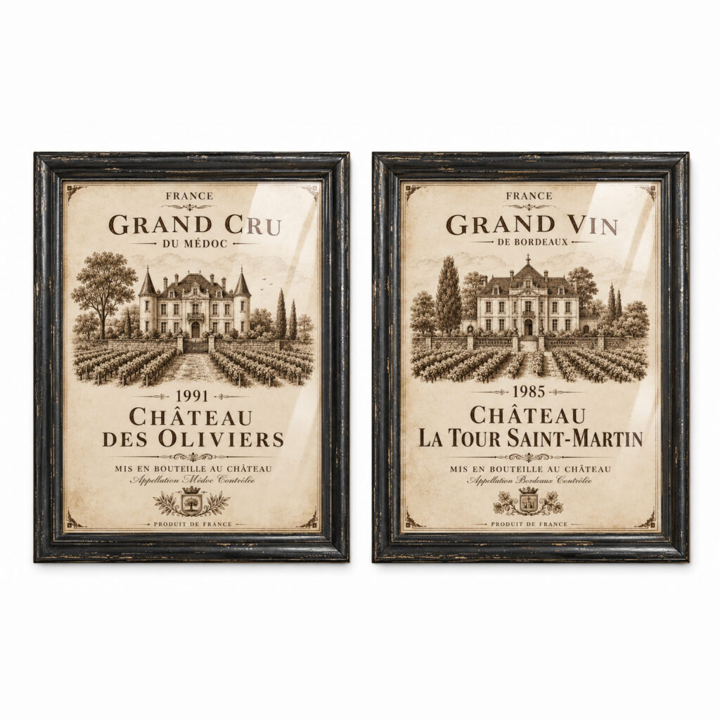 Set of two framed vintage-style wine prints with distressed dark wood frames and antique French château label artwork on a white background.