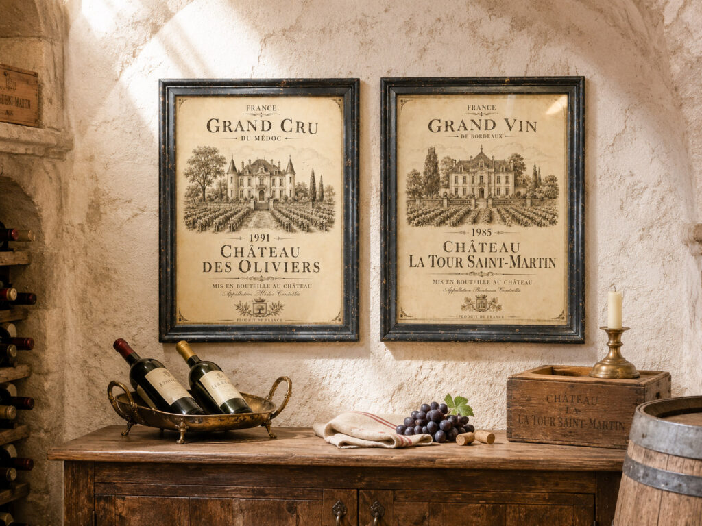 Two framed vintage wine prints with distressed dark wood frames displayed above a rustic wooden sideboard in a warm wine cellar setting with bottles, grapes and antique decor.