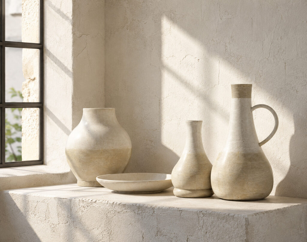 RC PAIMON stoneware vessels arranged on a plastered architectural ledge beside a metal-framed window in warm sunlight.