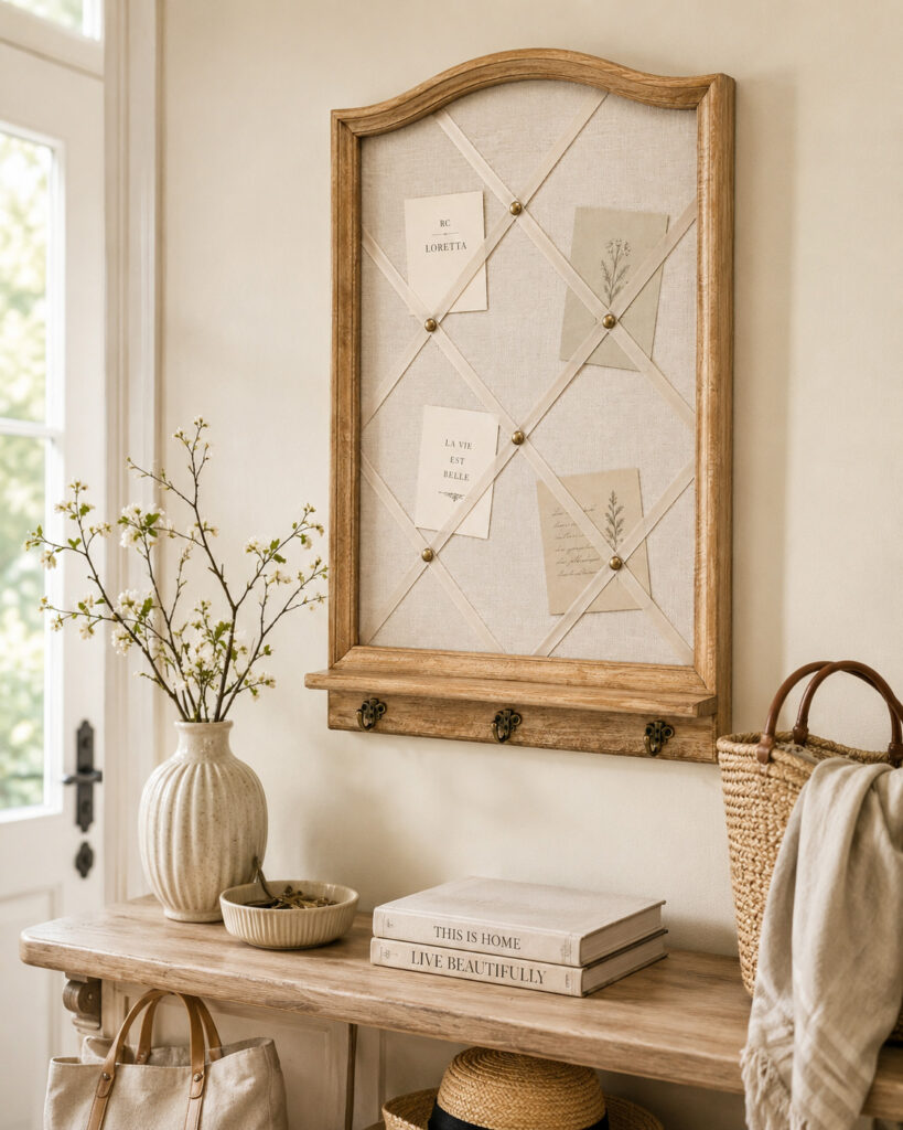 Arched mango wood memo board with fabric backing, silk ribbon lattice and brass hooks, styled above a rustic console table with books, a ceramic vase, blossoms, baskets and soft neutral textiles in a warm entryway.