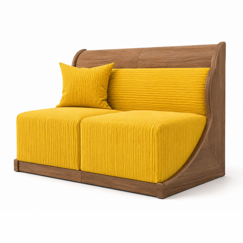 Compact designer two-seater with a curved wooden frame, banana-yellow corduroy upholstery and a matching cushion on a white background.