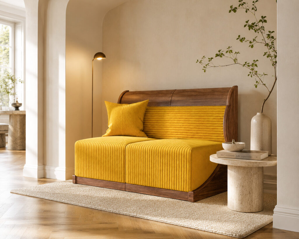 Banana-yellow corduroy designer two-seater with a curved wooden frame in a warm elegant interior with a travertine side table, soft neutral walls and natural daylight.