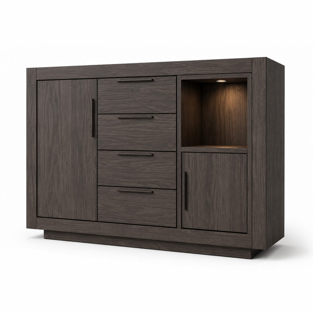 Galloway Brown Oak linen chest with one large door, four drawers, a lower cabinet door, wooden handles and an illuminated open niche on a white background.