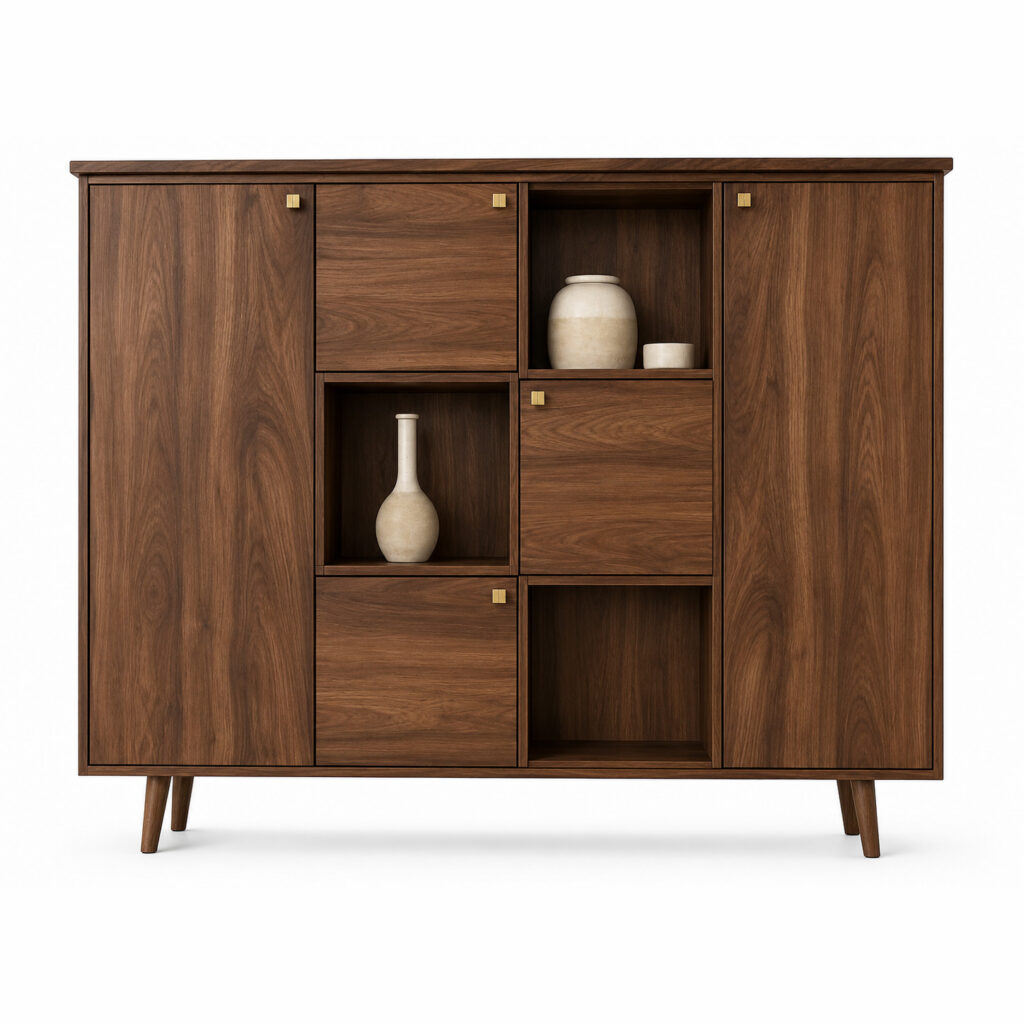 Front-facing product image of an elegant mid-century walnut highboard with small square brass handles on a pure white background. Two open niches display matte ceramic pottery, and the cabinet stands on tapered legs with a clean, refined silhouette.