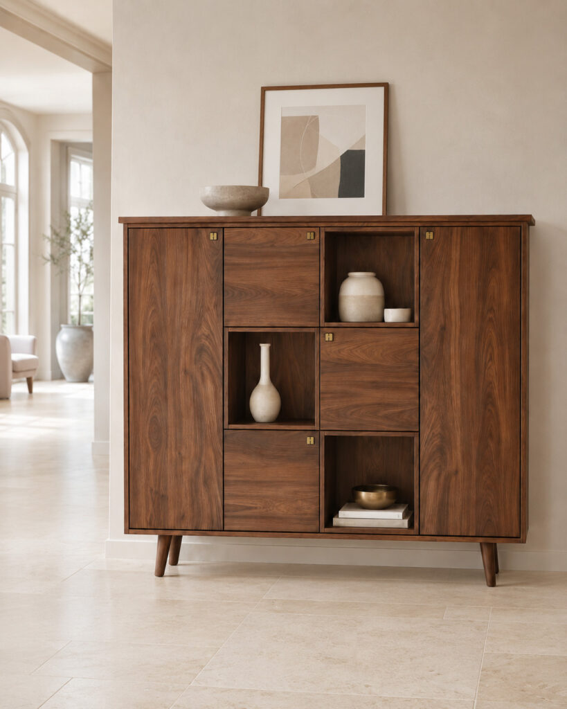 Elegant mid-century walnut highboard with brass handles in a bright, spacious living room with a light stone floor. A matte ceramic bowl and a modern framed artwork stand on top, while the open niches display simple ceramic vessels, two books and a brass bowl.