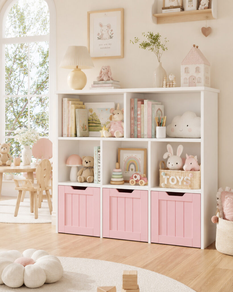 White wooden kids room shelf with pink storage bins, filled with books, toys and pastel decor in a bright and cheerful children’s room.