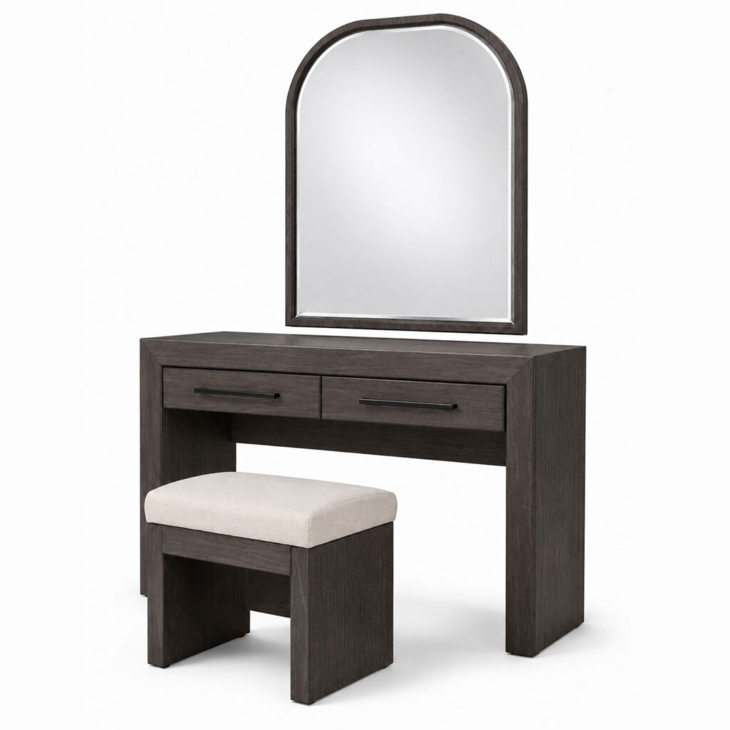 RC MIRA vanity table set in Galloway Brown Oak with arched mirror, two drawers, black handles and a matching upholstered stool, shown as part of a three-piece bedroom set.