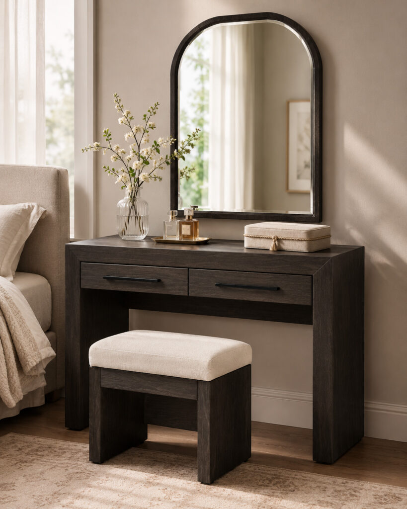 Galloway Brown Oak vanity table with arched mirror and upholstered stool, styled with flowers, perfume bottles and a fabric box in a warm bedroom setting.