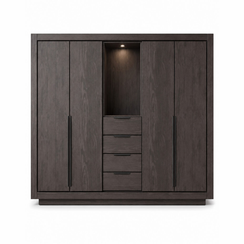 Large wardrobe in Galloway Brown Oak with four tall doors, four central drawers, an open illuminated niche and black metal handles on a white background.