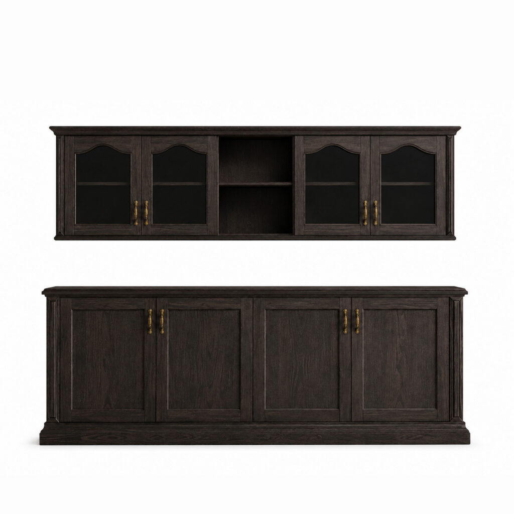 Front view of RC CHAD, a smoked oak wall unit with a long sideboard below and a matching wall cabinet above, featuring tinted glass doors and brass handles on a white background.