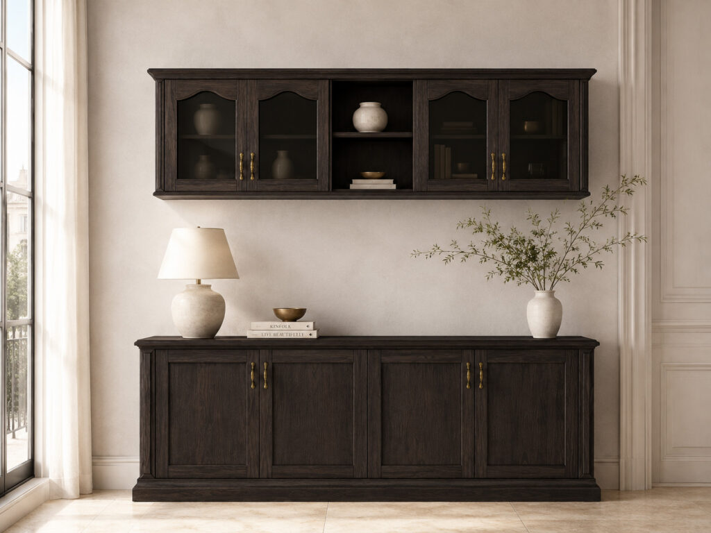 RC CHAD in a bright elegant interior with a smoked oak sideboard and matching wall cabinet, styled with a ceramic lamp, books, a brass bowl and a vase with airy branches.