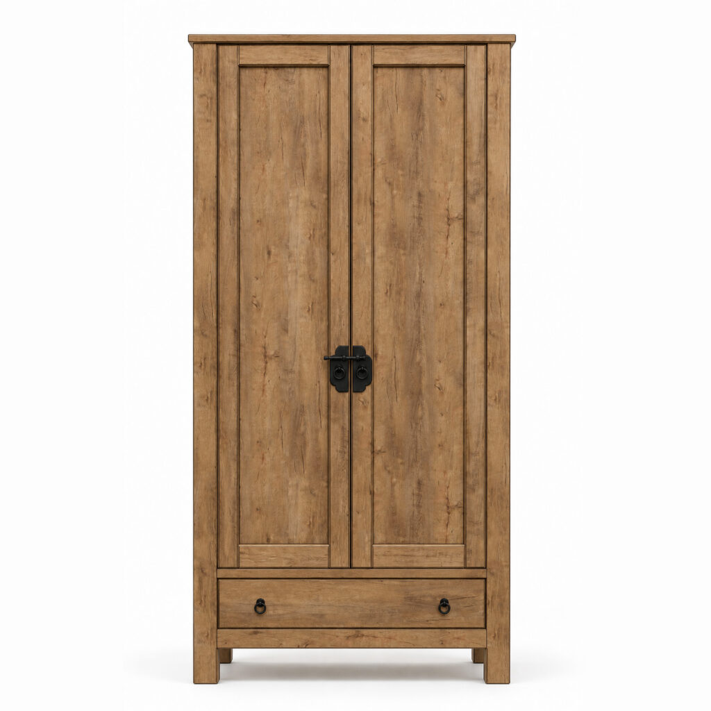 Front view of RC FRANKLYN, a tall dark stained oak cabinet with two paneled doors, a lower drawer and black metal ring hardware on a white background.