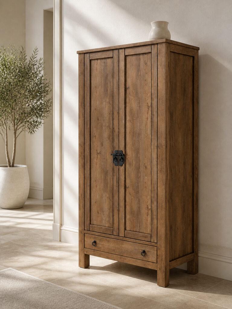 RC FRANKLYN dark stained oak cabinet shown at a slight angle in a bright refined interior with soft daylight, a ceramic vase on top and a plant in the background.
