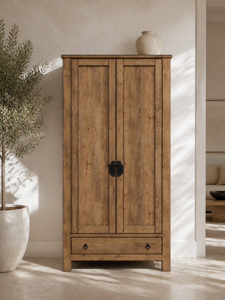 Front view of RC FRANKLYN dark stained oak cabinet in a bright elegant interior with soft daylight, a large ceramic vase on top and a potted tree beside it.