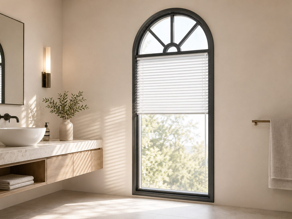 Modern anthracite arched window with partially raised white Venetian blinds in a bright elegant bathroom, with daylight casting striped blind shadows across the wall and vanity.