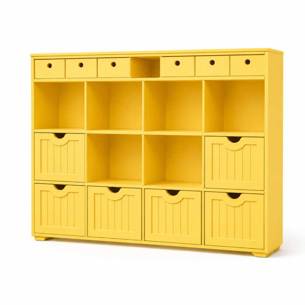 Banana-yellow storage cabinet with six small upper drawers, a central open gap, multiple open cubbies and six large drawers with grooved fronts, shown fully in a three-quarter view on white.