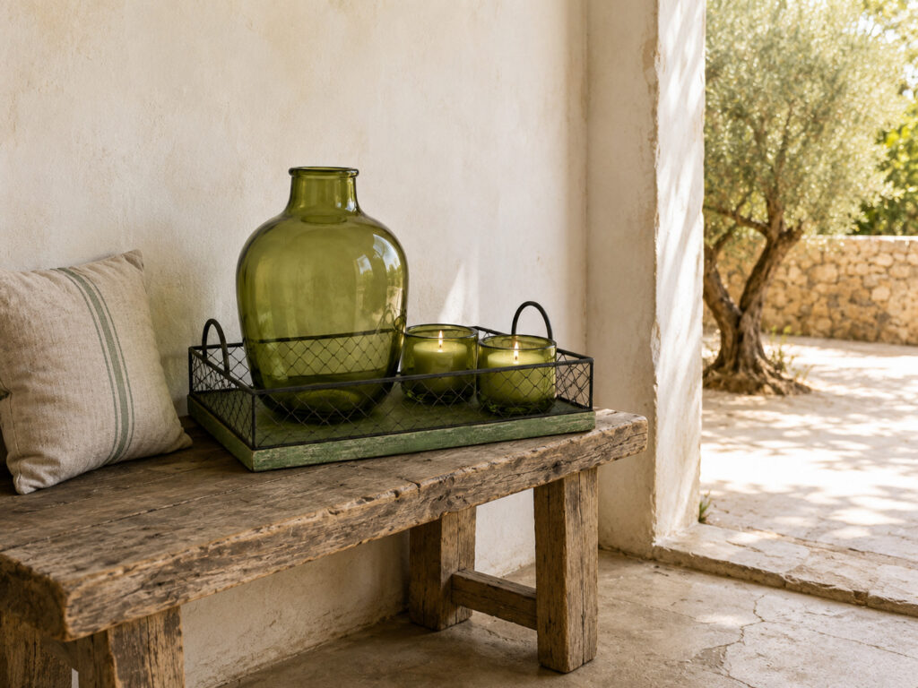 Vintage decorative tray set with an olive green glass balloon jug and two lit candle holders on a rustic wooden bench in a bright Mediterranean entryway, with a cream plaster wall, patinated concrete floor, a linen cushion, and an open view to an olive tree outside.