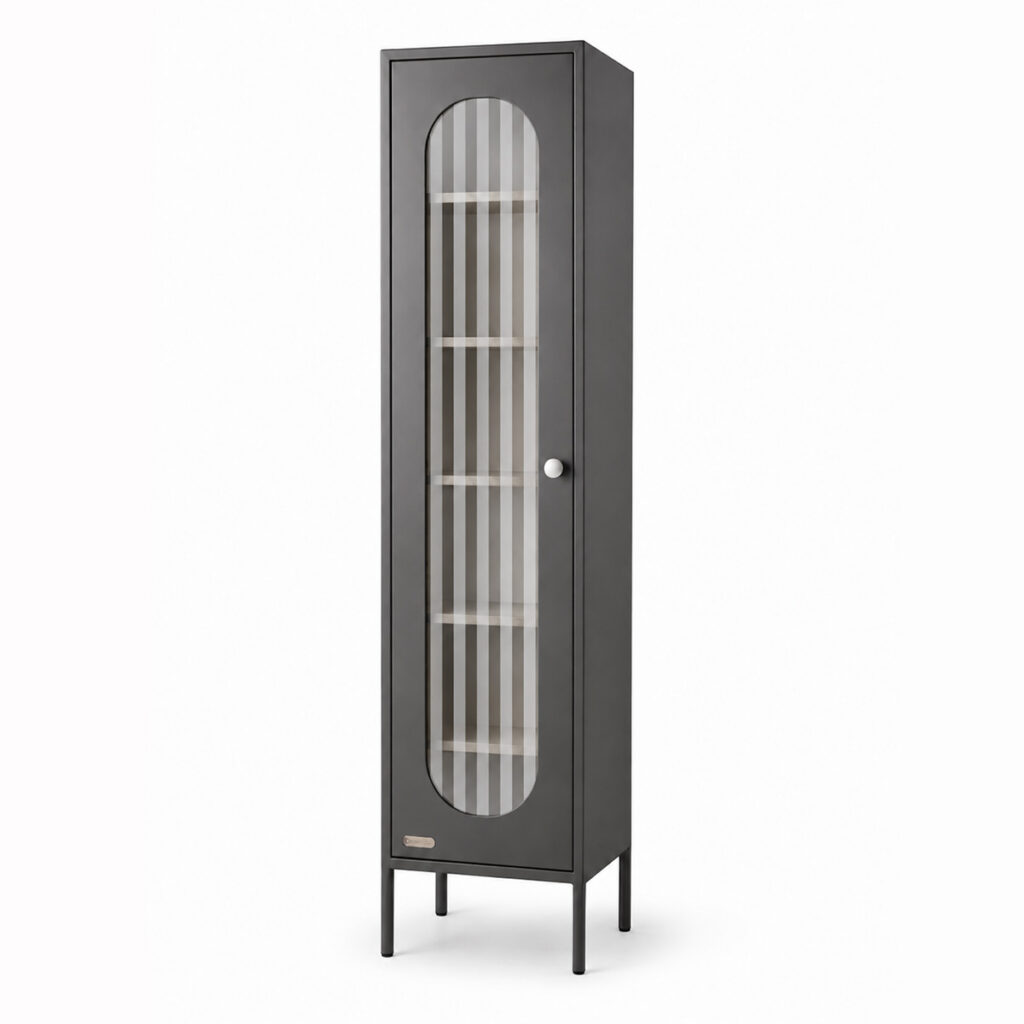 Tall anthracite metal display cabinet RC JARED with arched vertically striped clear and translucent white glass door and white porcelain knob.