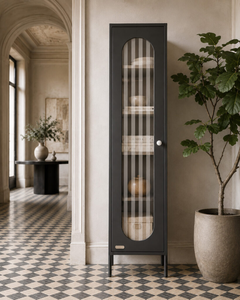 RC JARED anthracite metal cabinet with striped glass and white porcelain knob in an elegant bright interior with small black-and-cream checkerboard floor tiles and a potted fig tree.