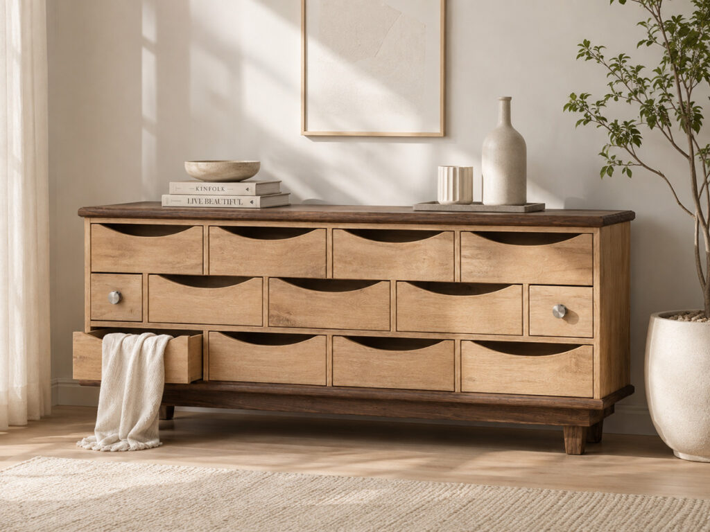 RC KONRAD sideboard in a bright modern interior with soft daylight, decorative objects on top, a microcarpa plant in an ivory stone planter, and one lower drawer slightly open with a cloth hanging out.