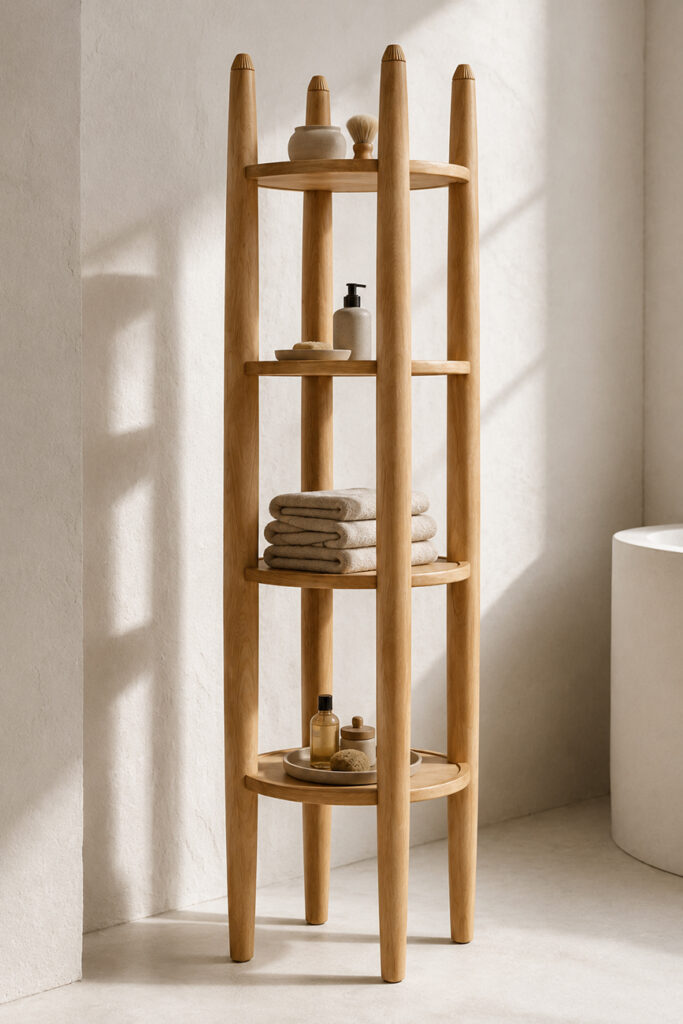 RC MARGARIT solid wood display shelf styled with folded towels and bathroom accessories in a bright, minimalist bathroom with white concrete walls and natural daylight.