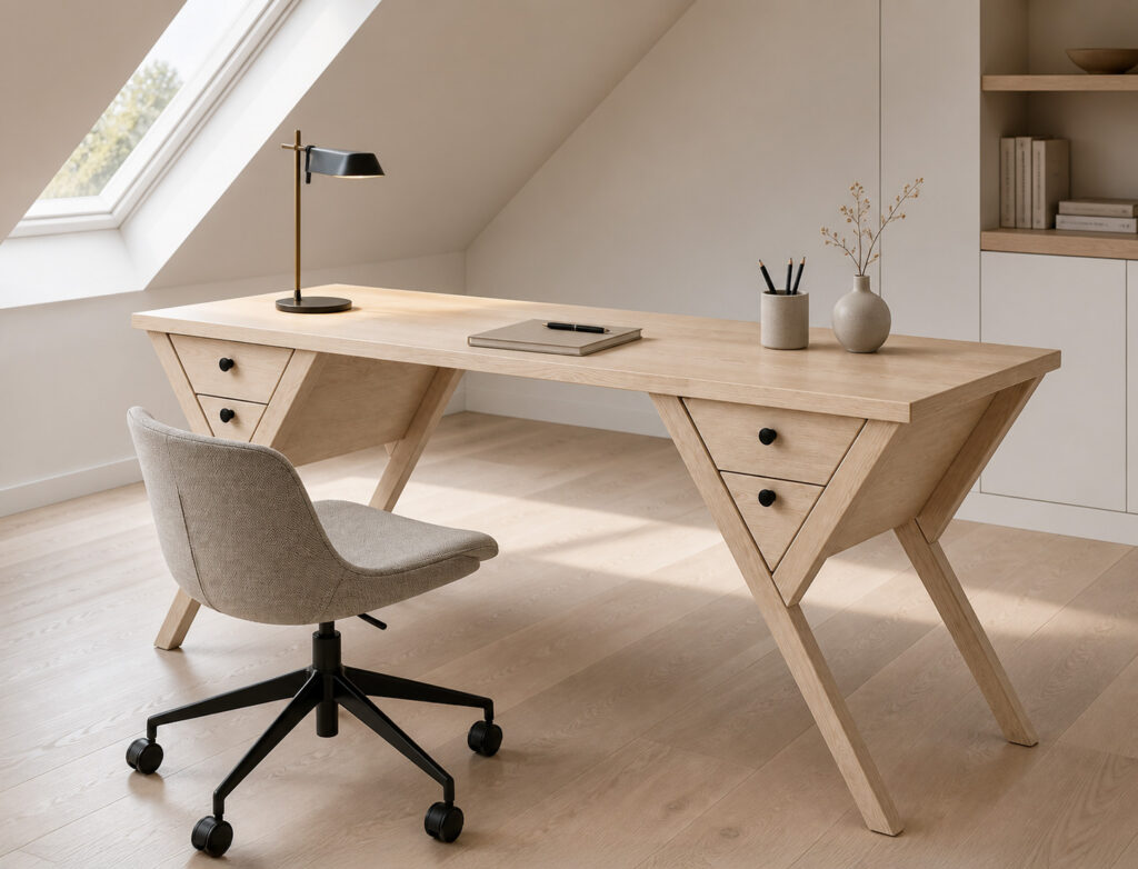 Light wood writing desk in a bright modern attic home office with a skylight, soft daylight, a desk lamp, decorative accessories and an upholstered swivel chair.