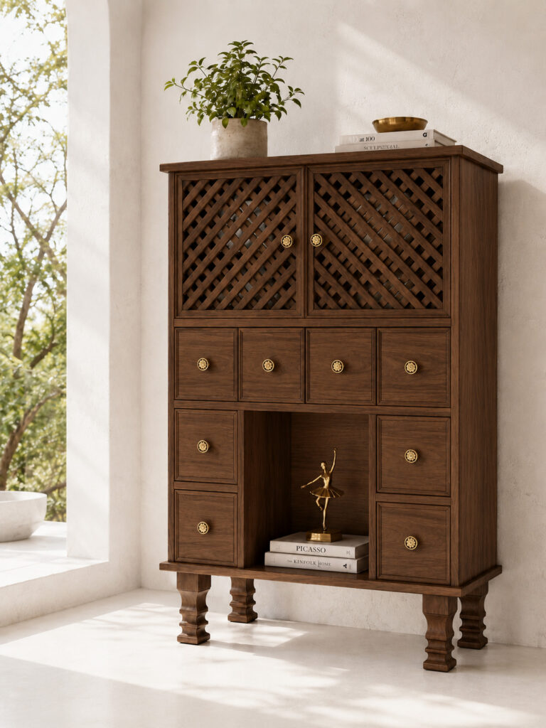 Walnut cabinet in a bright room with white concrete walls and floor, decorated with a plant, books and a brass ballerina sculpture.