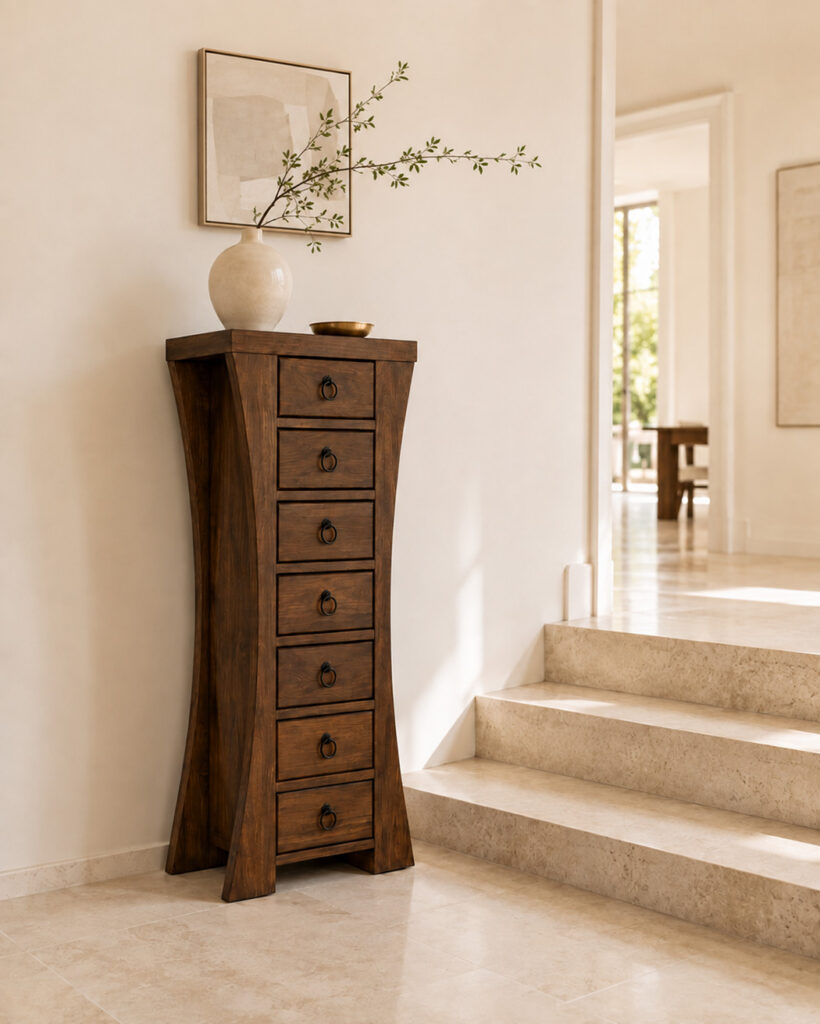 RC RANDALL tall dark wood drawer cabinet beside broad limestone steps in a bright elegant interior, styled with a ceramic vase, branch and small brass bowl.