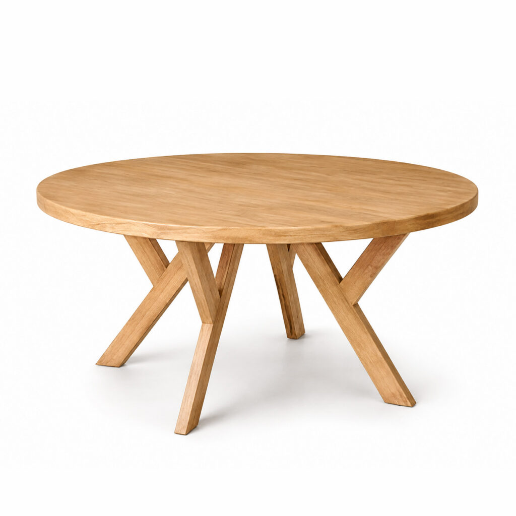 Round light solid wood coffee table RC RUBY with a softly rounded tabletop and four sculptural Y-shaped wooden legs on a white background.