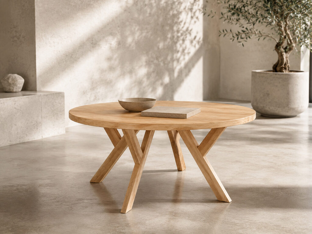 RC RUBY round light wood coffee table in a bright minimalist concrete interior with sculptural greenery, restrained decor and warm daylight casting soft light and shadow across the room.