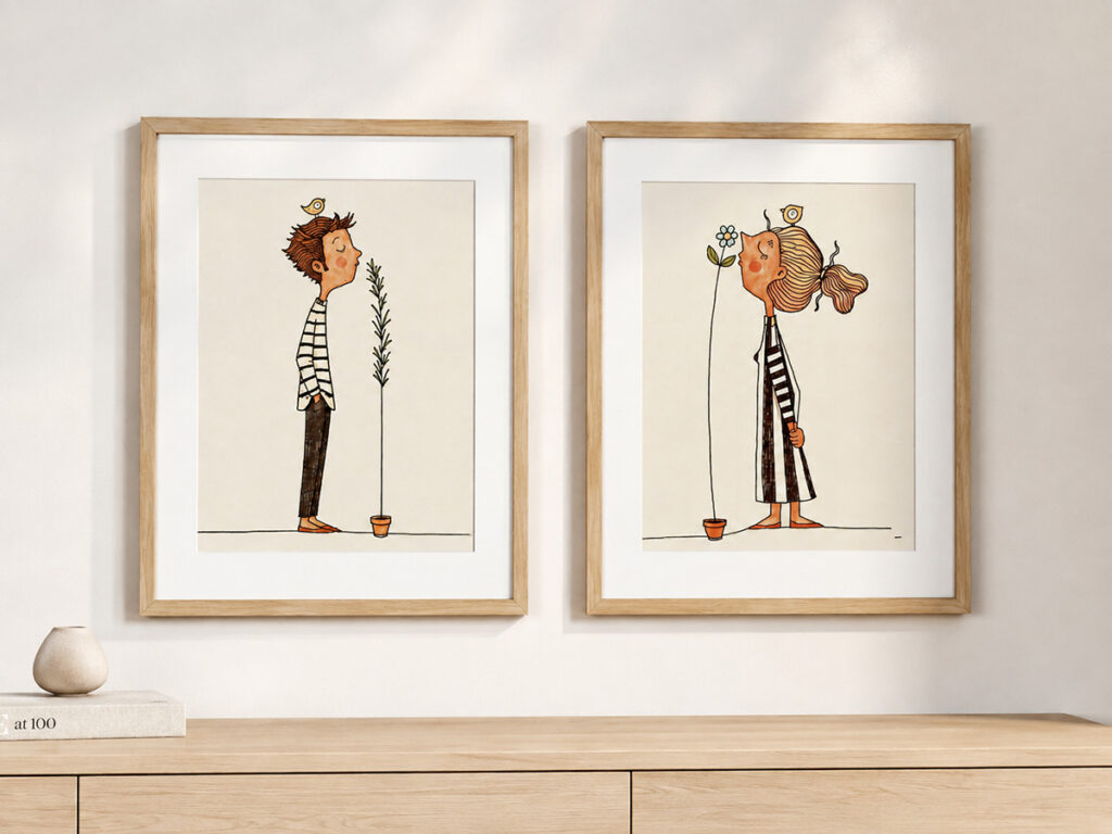Two Scandinavian framed art prints from the RC SARAH set hanging above a light wood sideboard in a bright minimalist interior.